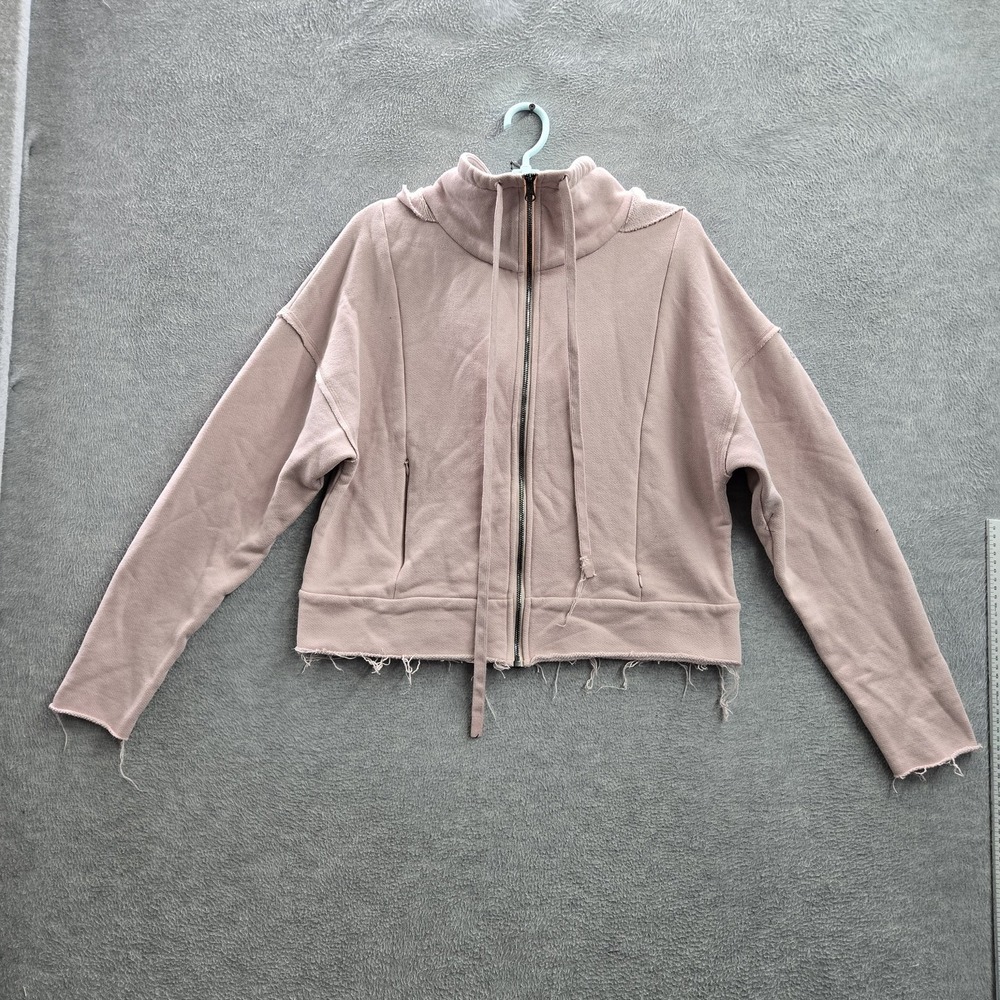 Alo Yoga Women Sweatshirt L Pink‎ Crop Zipper Drawstring Raw Hem Cowl